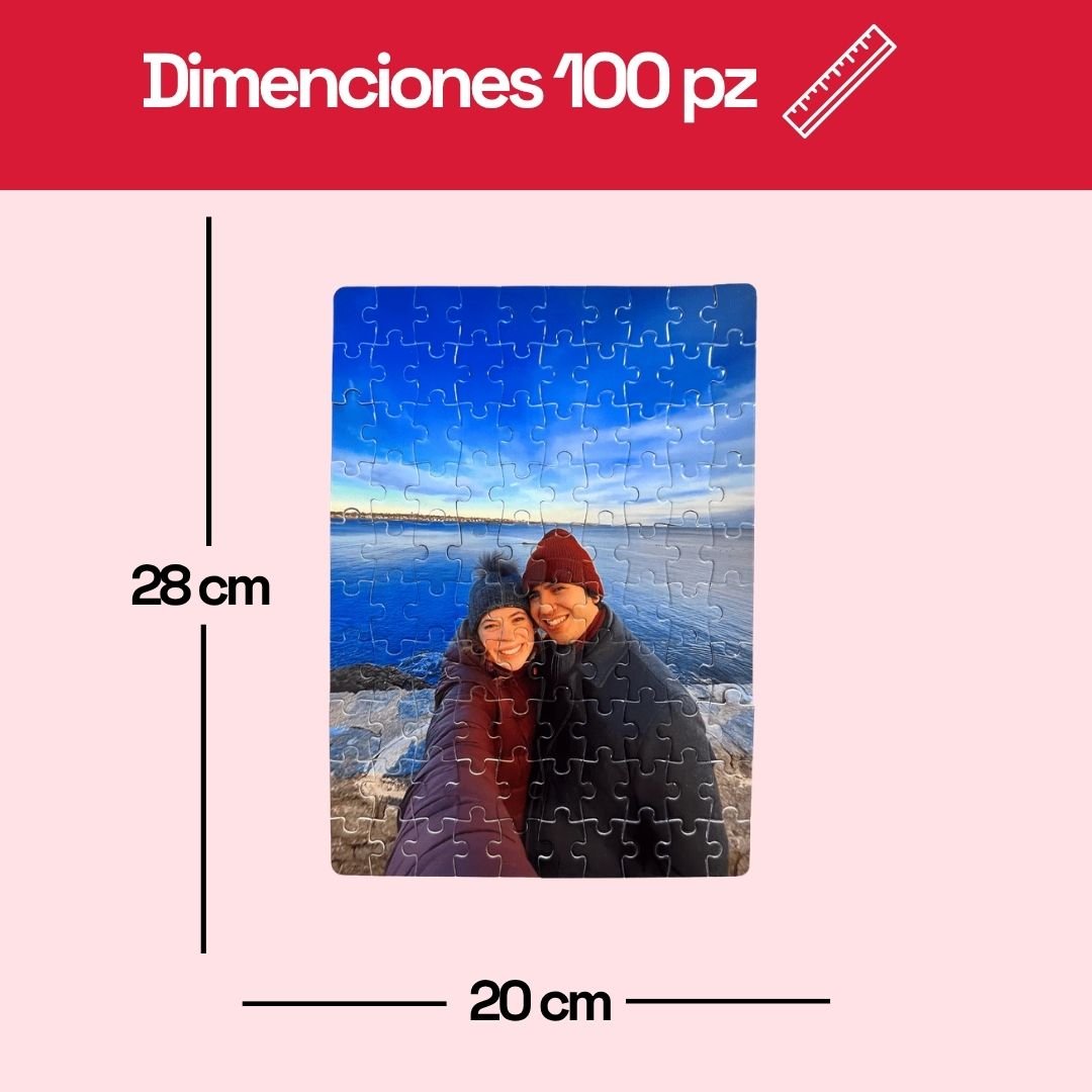 Medidas de rompecabezas personalizado de 100 piezas con dimensiones de 20 por 28 centímetros en orientación vertical.