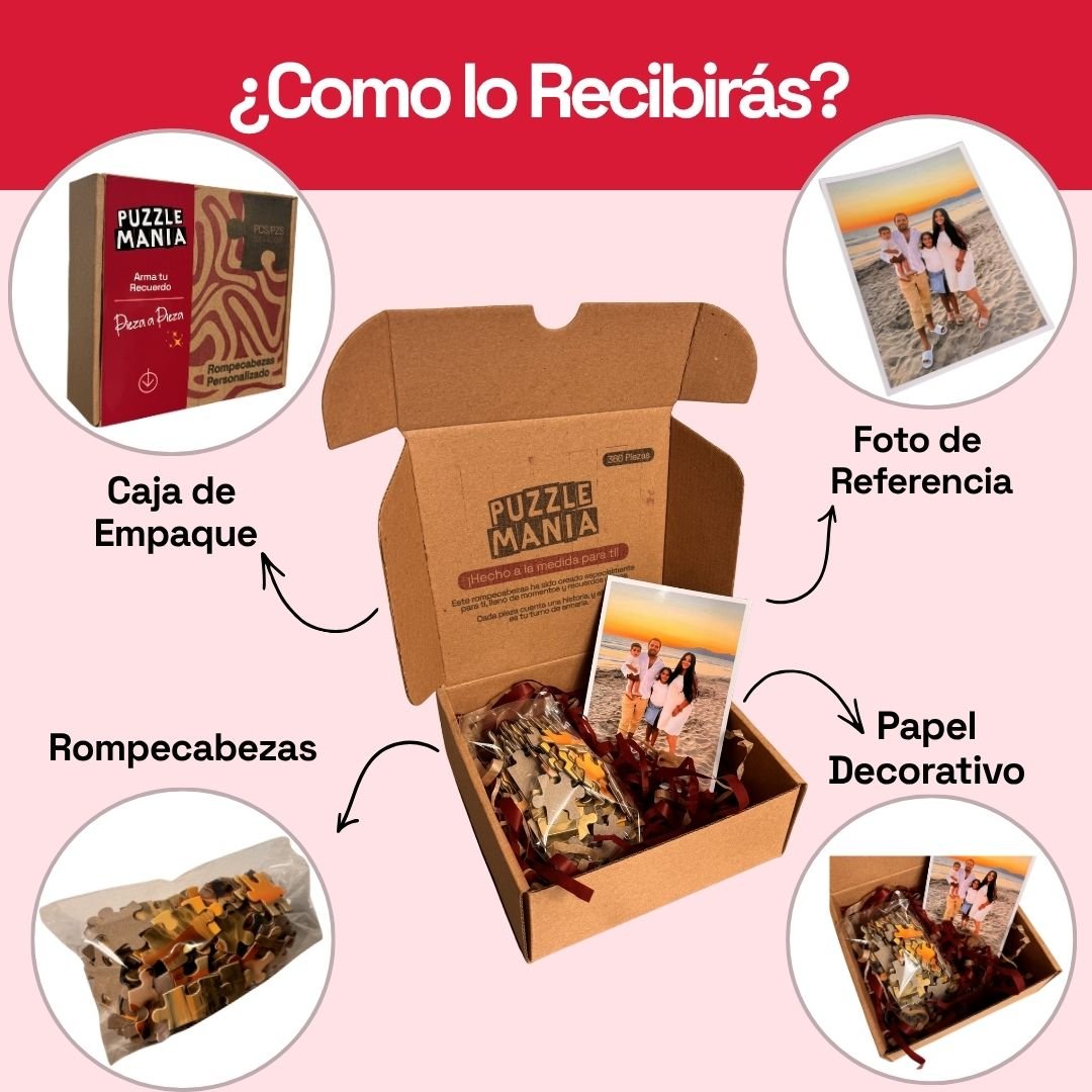 Contenido de la caja de empaque decorada para rompecabezas, ideal si buscas regalos originales y listos para entregar.