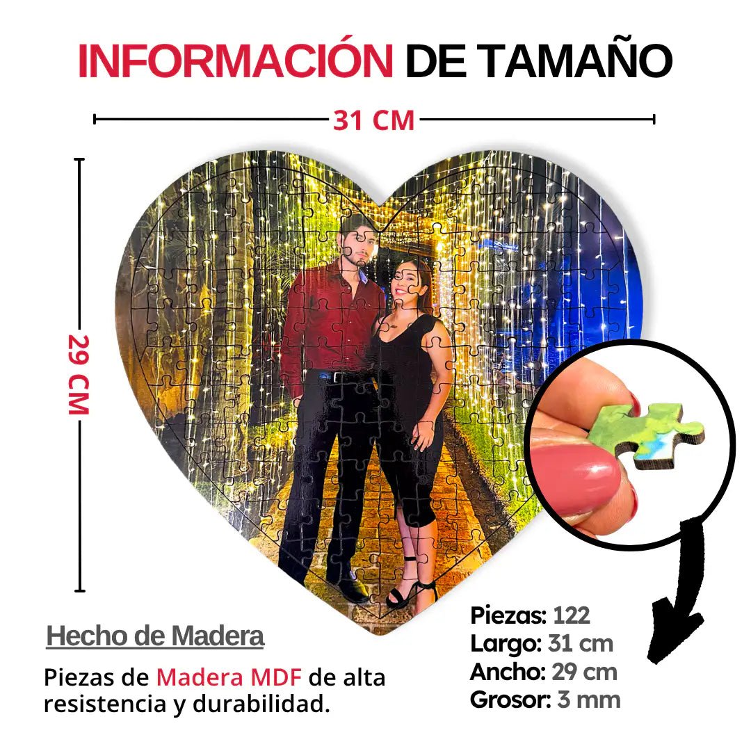 Rompecabezas Personalizado de Madera MDF Forma de Corazón 122 piezas - 31 x 29 CM - Puzzlemania México